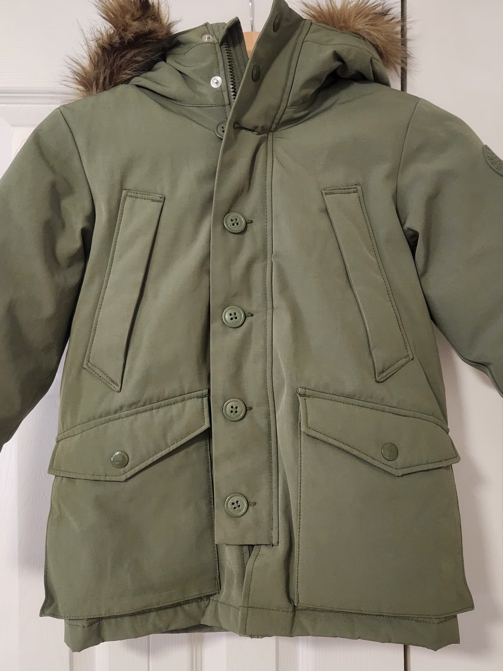 GAP Olive Green Hooded Puffer Coat with Faux Fur Trim